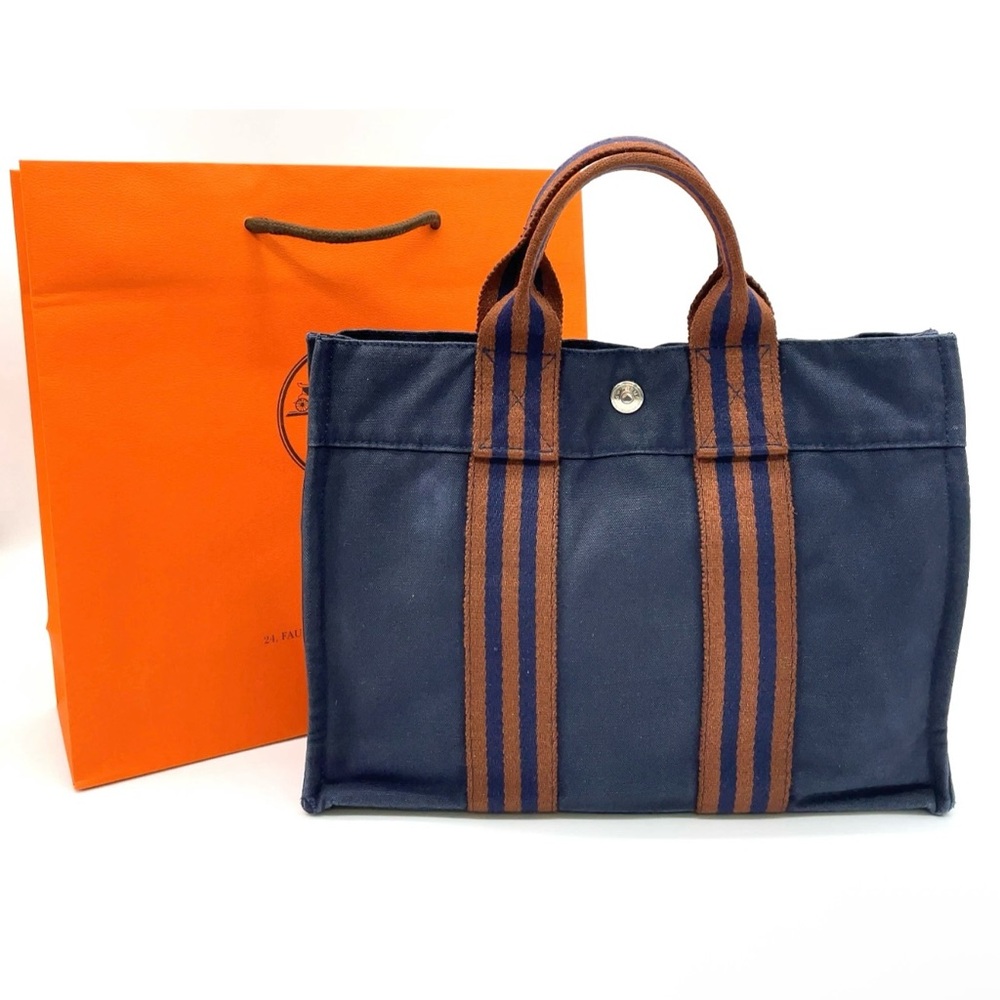 Hermes Foul PM Canvas Navy x Brown Tote Bag W/Paperbag